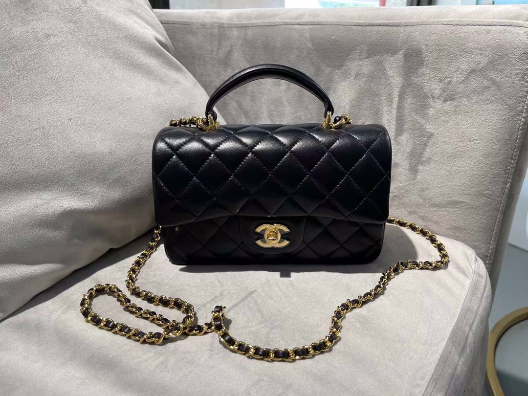 【P1880】Chanel包包货源 香奈儿黑色进口羊皮手提款CF女包单肩斜挎包