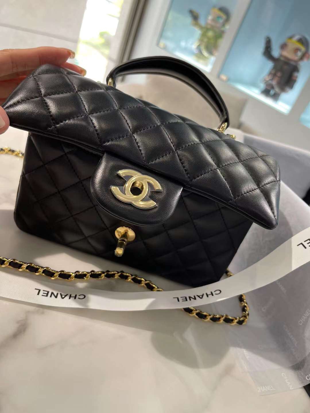 【P1880】Chanel包包货源 香奈儿黑色进口羊皮手提款CF女包单肩斜挎包