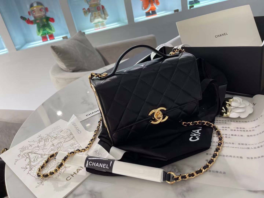【P1580】Chanel包包官网 香奈儿新款黑色进口羊皮盒子包链条手提包