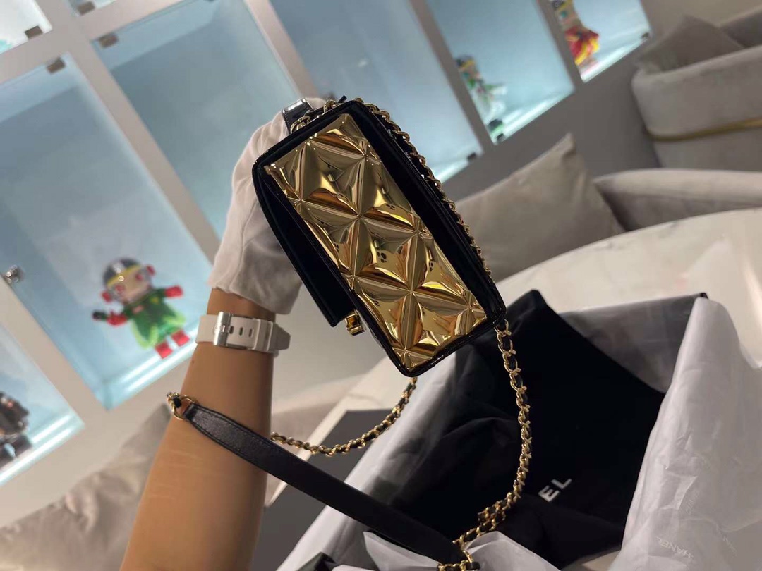 【P1580】香奈儿2021新款女包 Chanel镜面亮面漆皮盒子包手提斜挎包 黑色