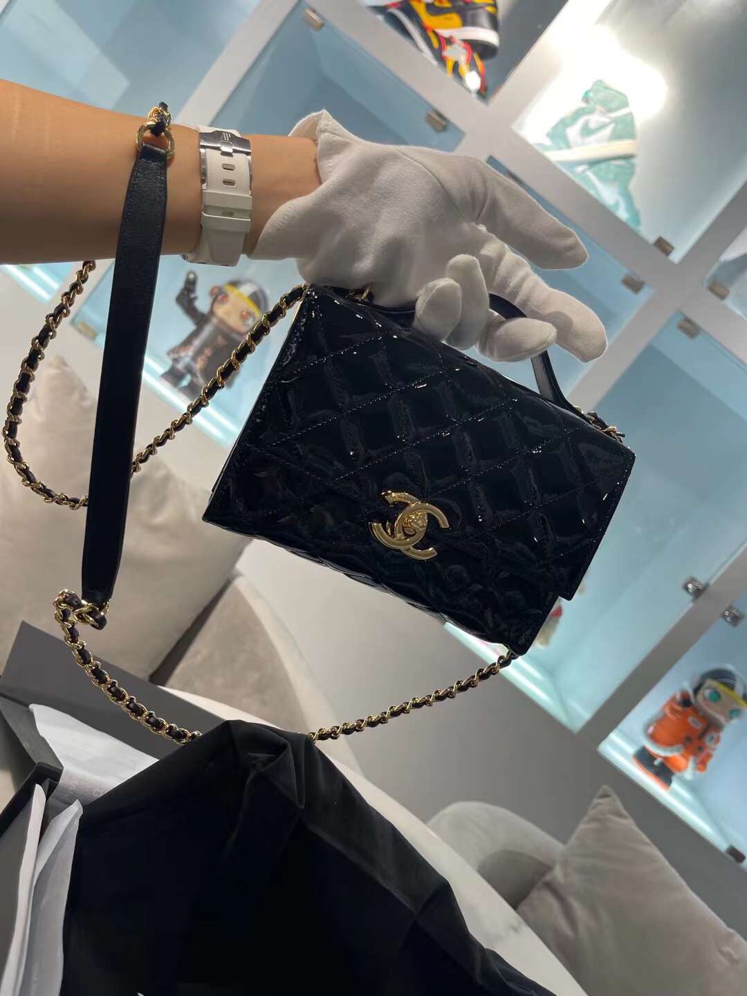 【P1580】香奈儿2021新款女包 Chanel镜面亮面漆皮盒子包手提斜挎包 黑色