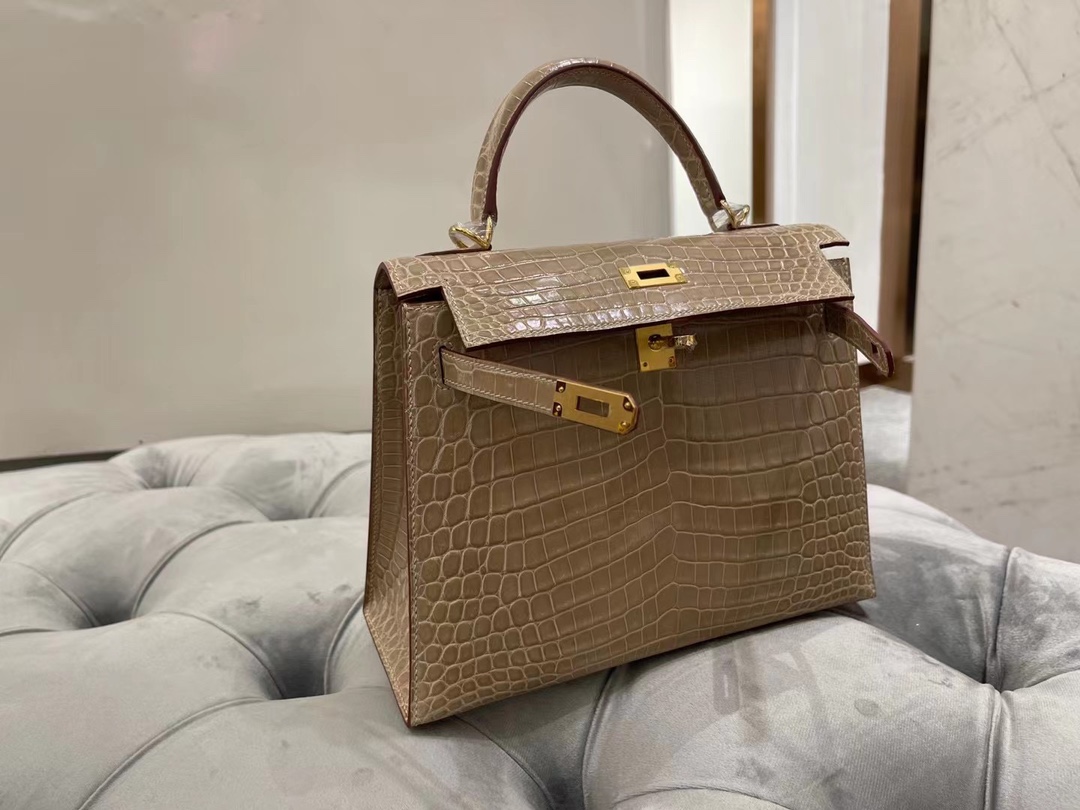 爱马仕凯利包货源 Hermes风衣灰尼罗鳄鱼皮手提女包Kelly25CM