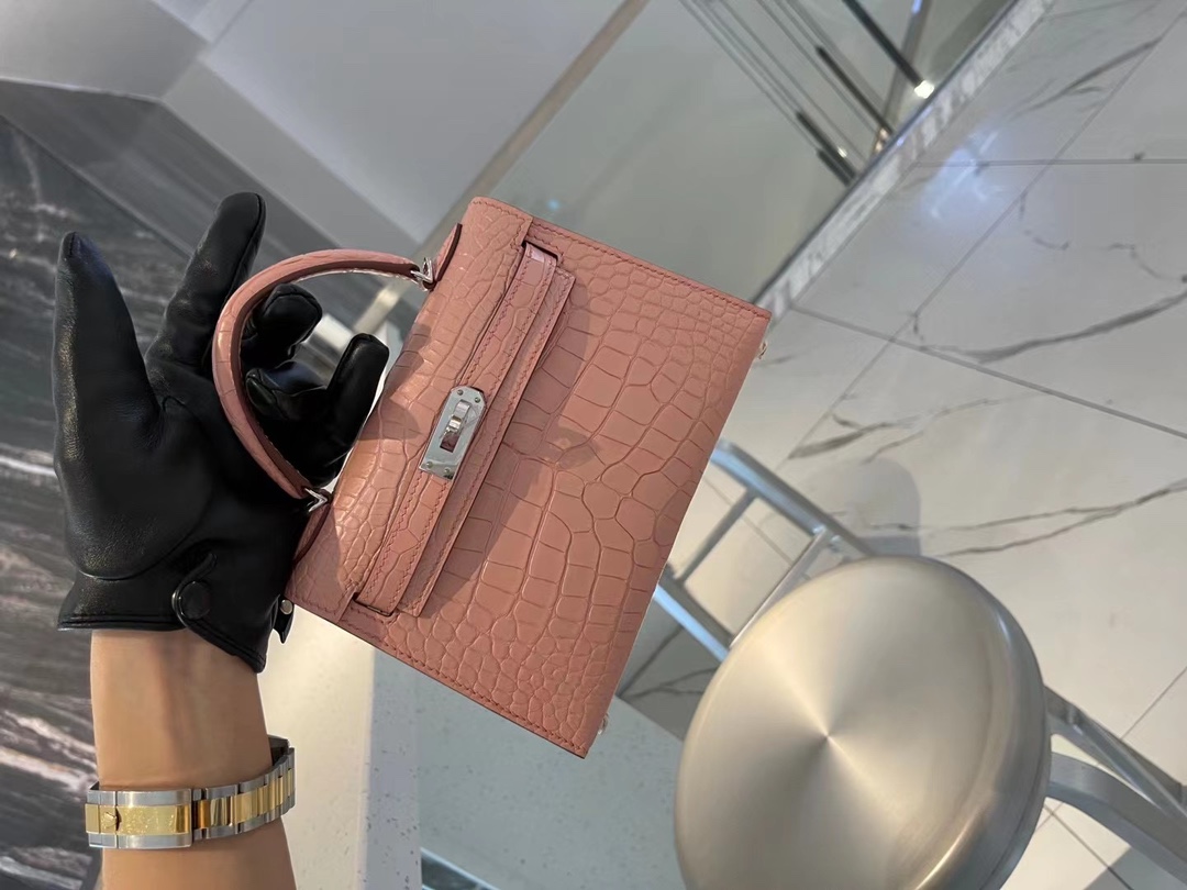 Hermes Minikelly 爱马仕粉色美洲鳄鱼皮二代迷你凯莉包手包
