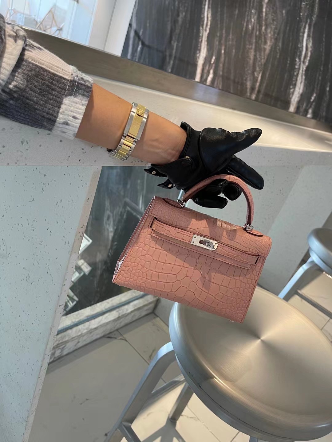 Hermes Minikelly 爱马仕粉色美洲鳄鱼皮二代迷你凯莉包手包