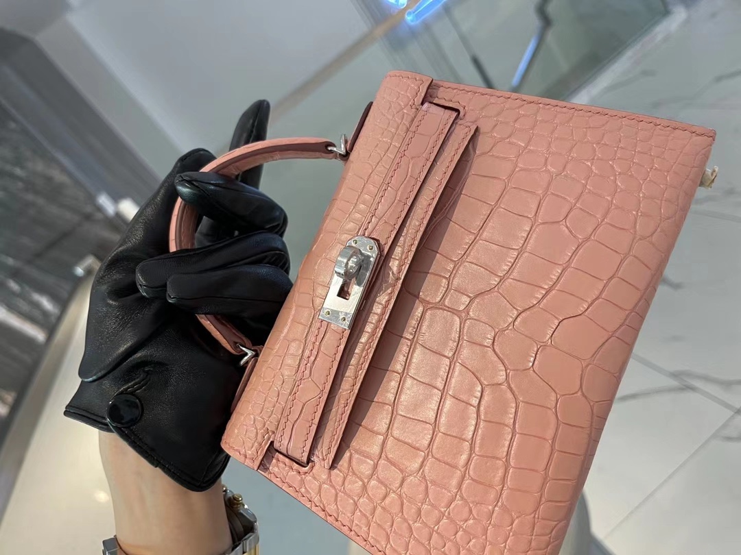 Hermes Minikelly 爱马仕粉色美洲鳄鱼皮二代迷你凯莉包手包