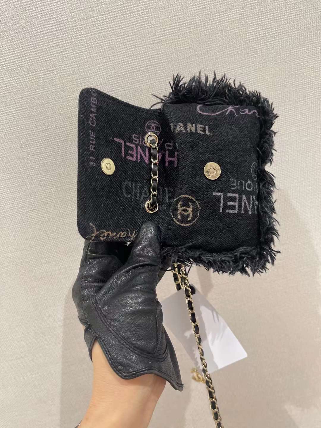 【P720】香奈儿新款女包 Chanel涂鸦牛仔布链条包单肩斜挎包 黑色