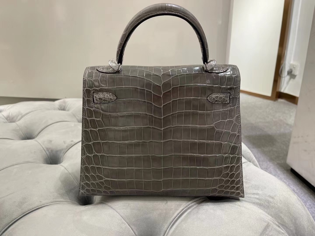 Hermes Kelly25CM 爱马仕斑鸠灰色尼罗鳄鱼皮凯利包手提斜挎包
