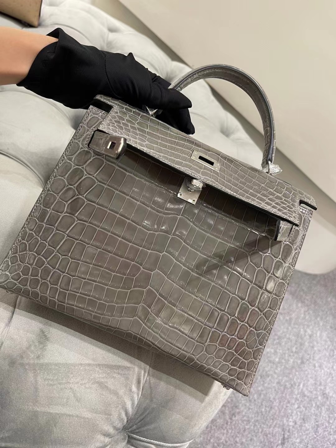Hermes Kelly25CM 爱马仕斑鸠灰色尼罗鳄鱼皮凯利包手提斜挎包