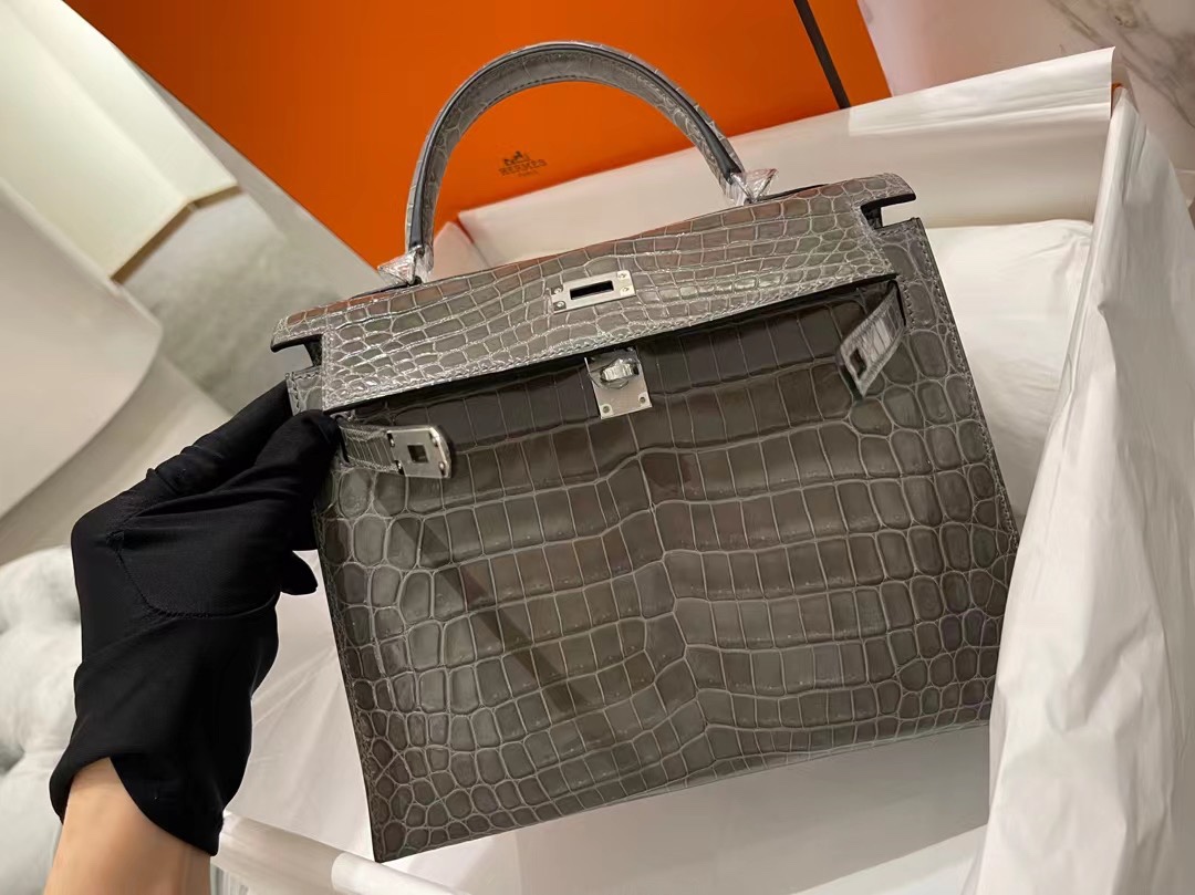 Hermes Kelly25CM 爱马仕斑鸠灰色尼罗鳄鱼皮凯利包手提斜挎包