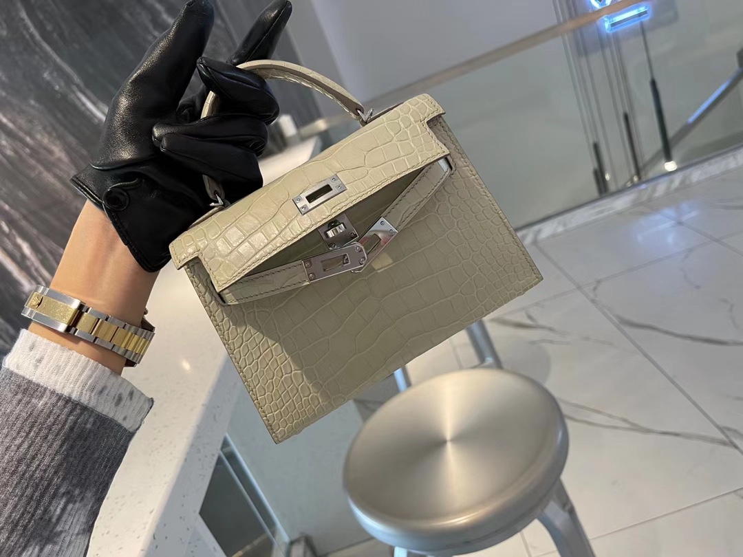 爱马仕迷你凯莉包 Hermes羊毛白美洲鳄鱼皮Minikelly手拿包