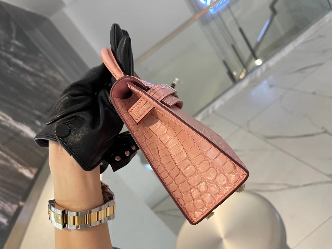 Hermes Minikelly 爱马仕粉色美洲鳄鱼皮二代迷你凯莉包手包
