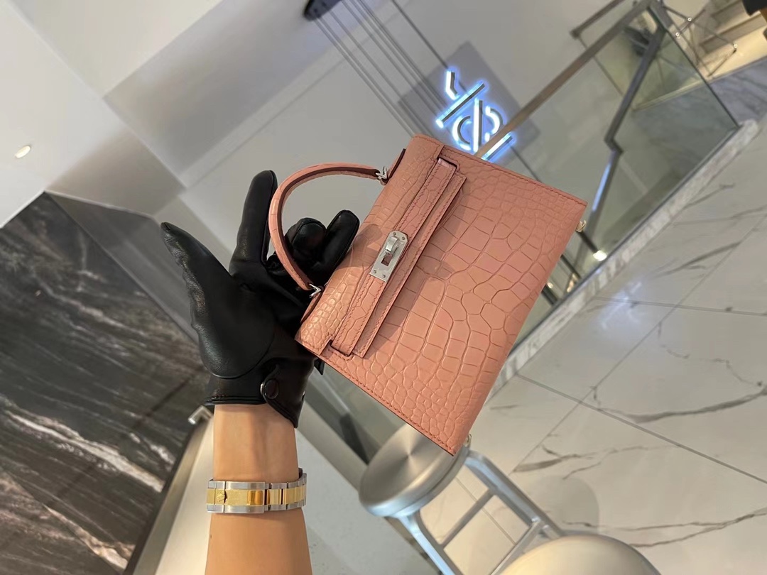 Hermes Minikelly 爱马仕粉色美洲鳄鱼皮二代迷你凯莉包手包