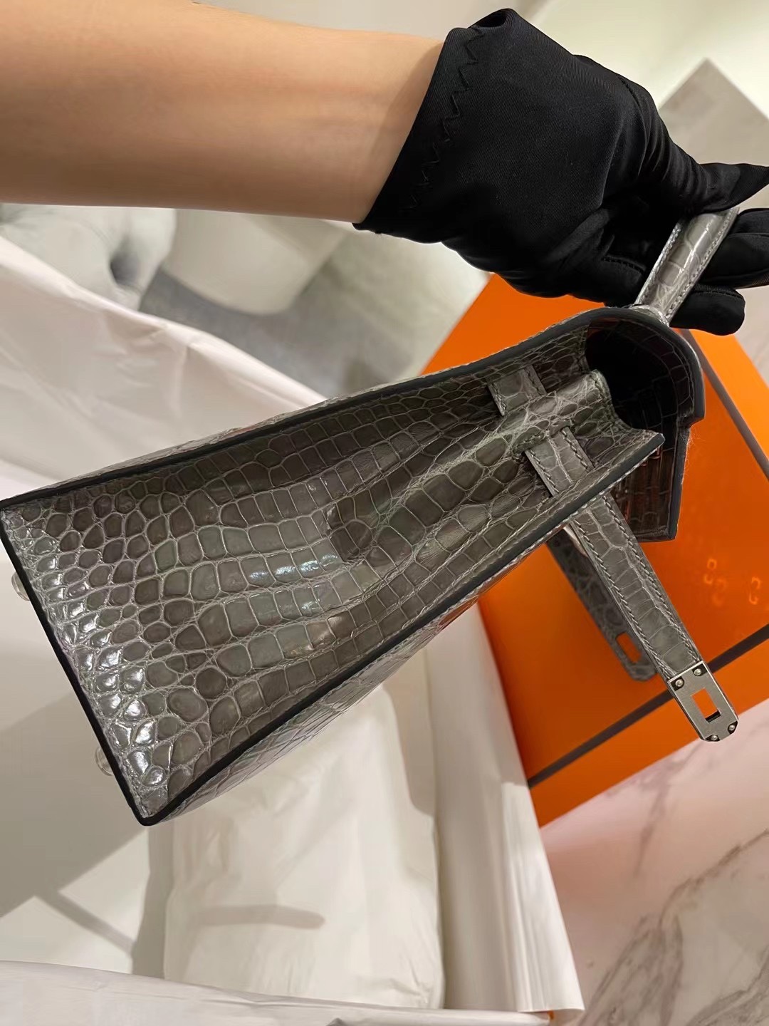 Hermes Kelly25CM 爱马仕斑鸠灰色尼罗鳄鱼皮凯利包手提斜挎包