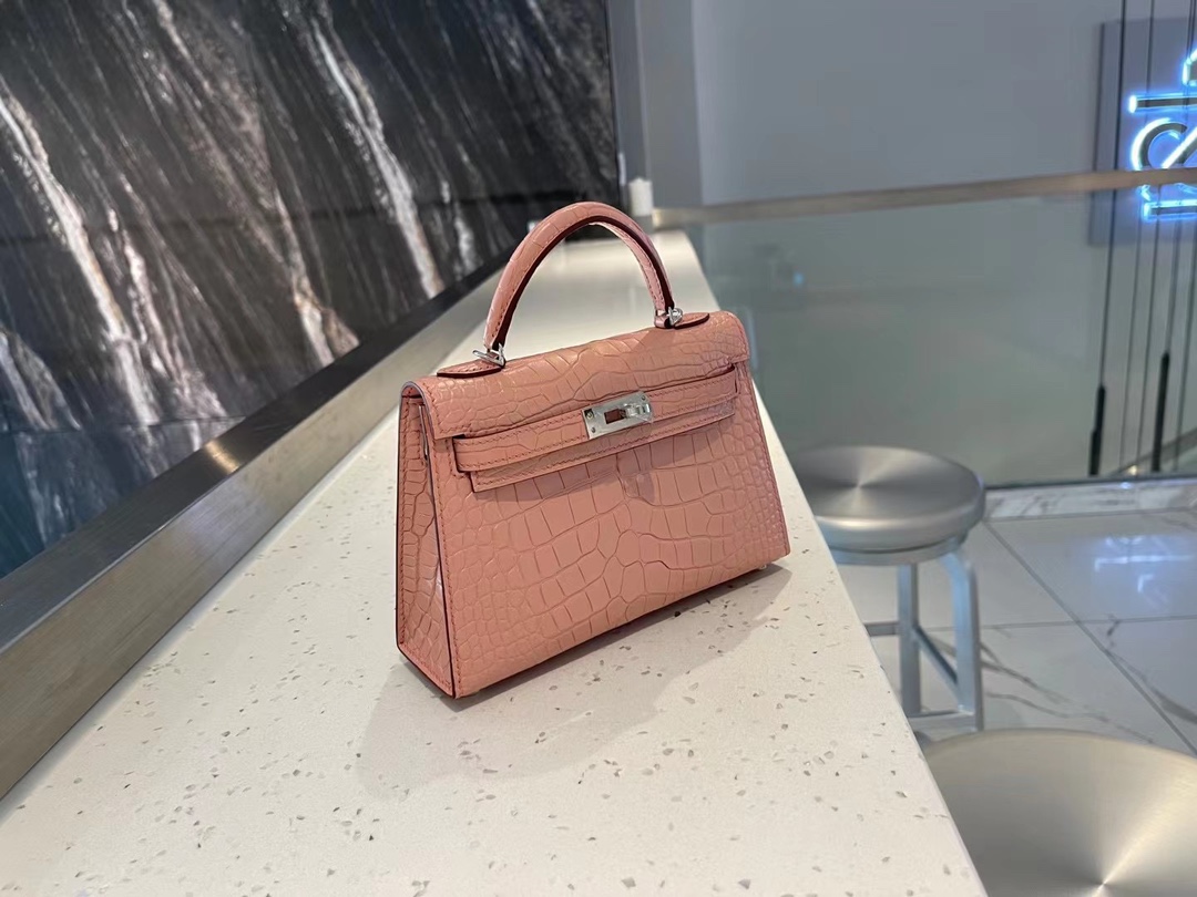 Hermes Minikelly 爱马仕粉色美洲鳄鱼皮二代迷你凯莉包手包