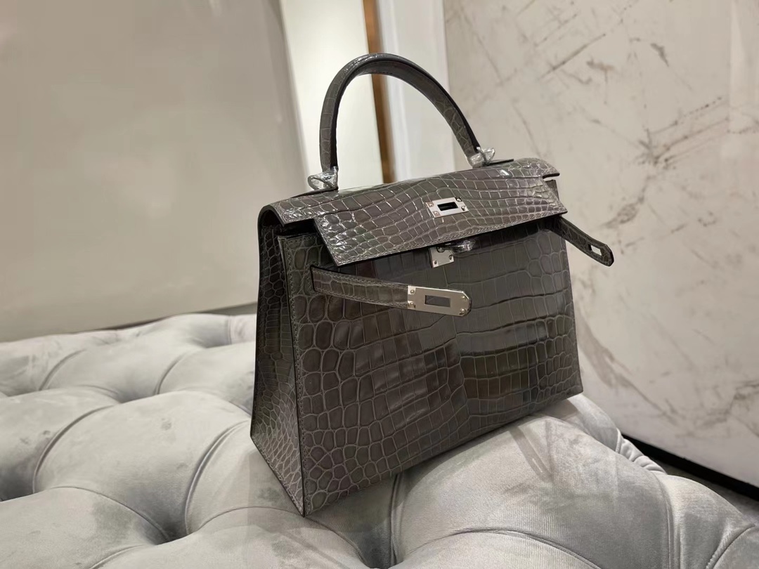 Hermes Kelly25CM 爱马仕斑鸠灰色尼罗鳄鱼皮凯利包手提斜挎包