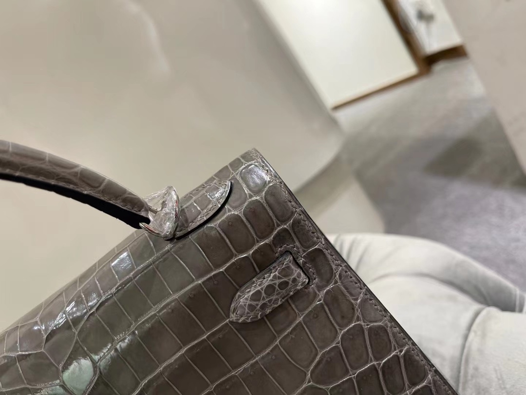 Hermes Kelly25CM 爱马仕斑鸠灰色尼罗鳄鱼皮凯利包手提斜挎包