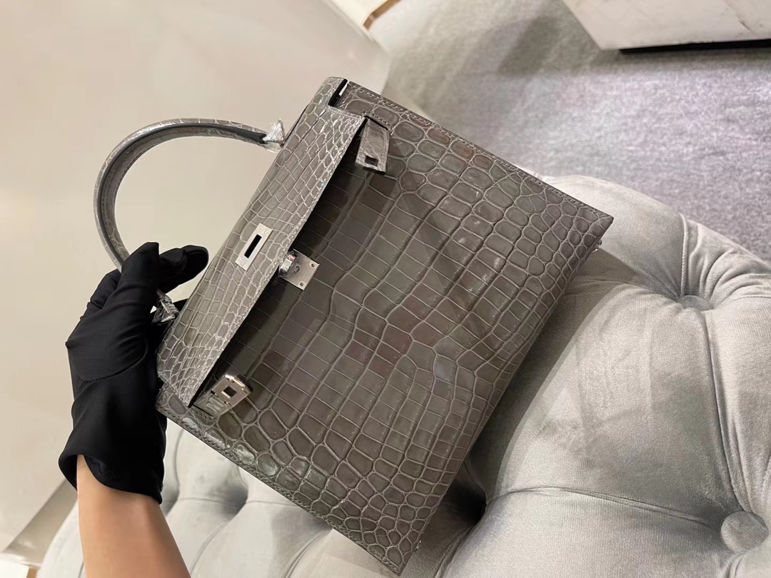 Hermes Kelly25CM 爱马仕斑鸠灰色尼罗鳄鱼皮凯利包手提斜挎包