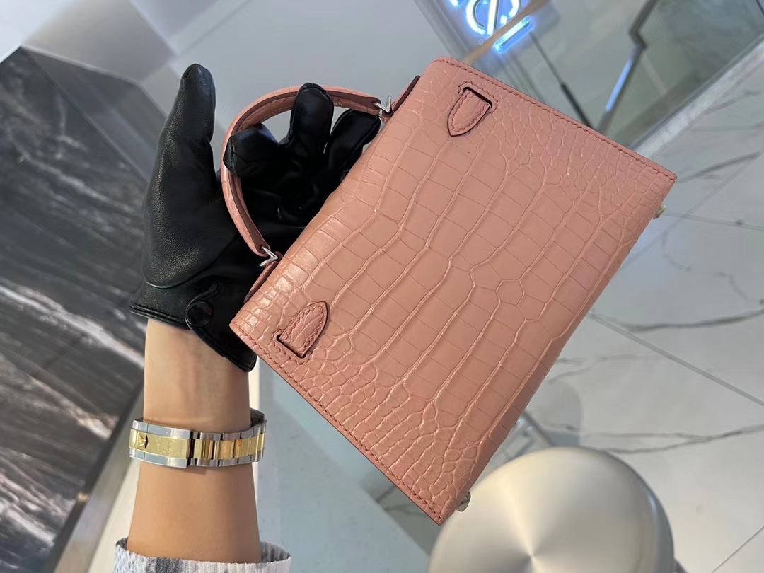Hermes Minikelly 爱马仕粉色美洲鳄鱼皮二代迷你凯莉包手包