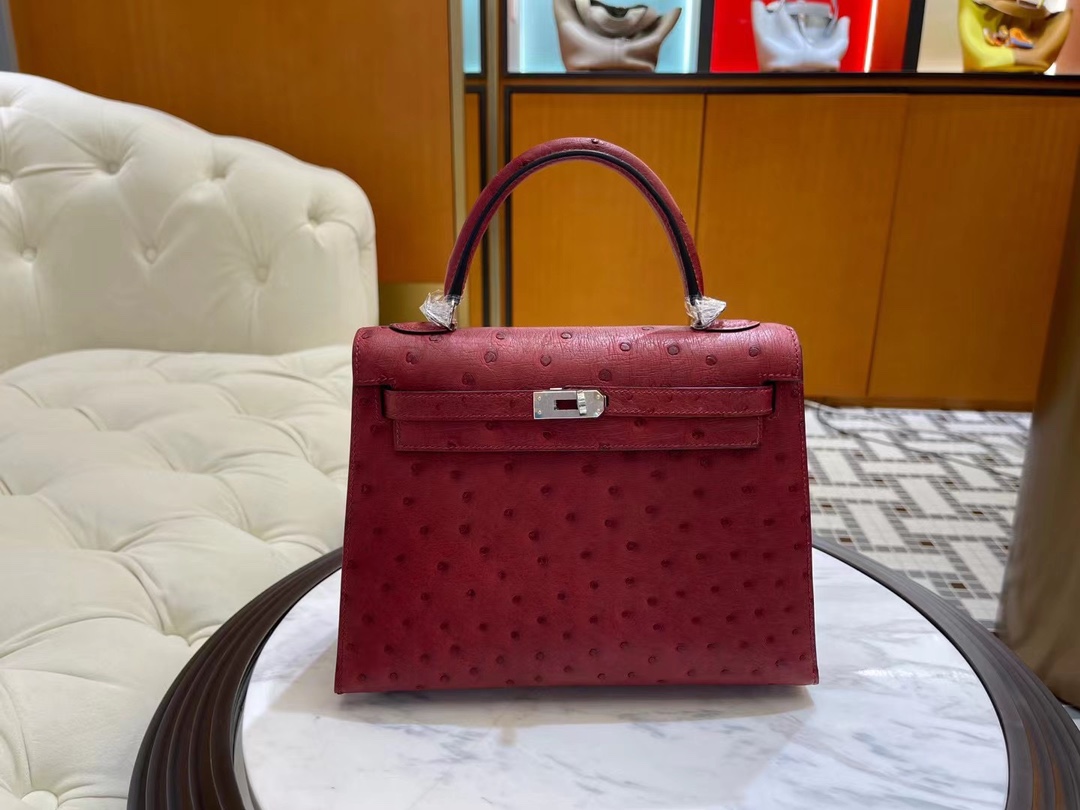 爱马仕凯莉包货源 Hermes Kelly25CM 酒红色进口鸵鸟皮 银扣