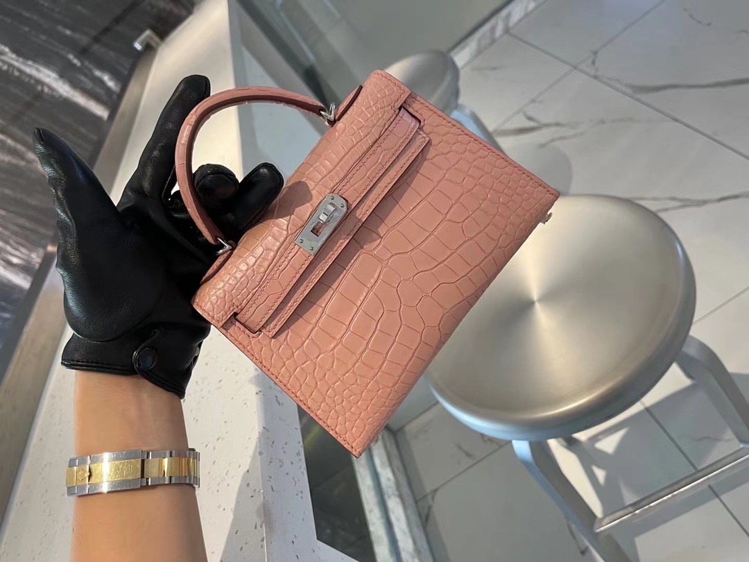 Hermes Minikelly 爱马仕粉色美洲鳄鱼皮二代迷你凯莉包手包