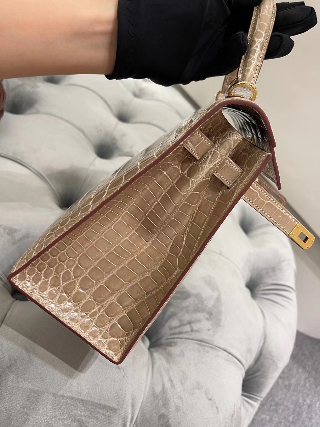 爱马仕凯利包货源 Hermes风衣灰尼罗鳄鱼皮手提女包Kelly25CM