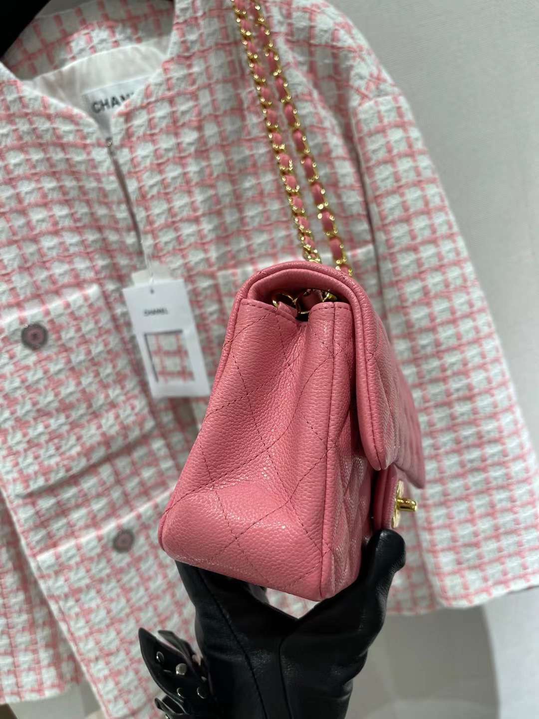 【P1880】一件代发 Chanel香奈儿粉色鱼子酱皮菱格CF20CM链条包