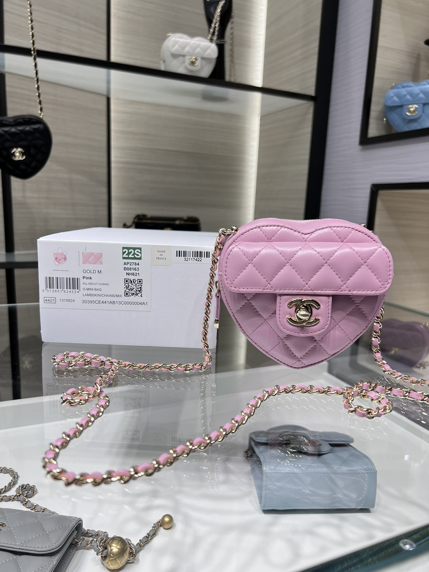 【P1200】Chanel新款包包 香奈儿2022春夏款羊皮链条斜挎爱心包 粉色