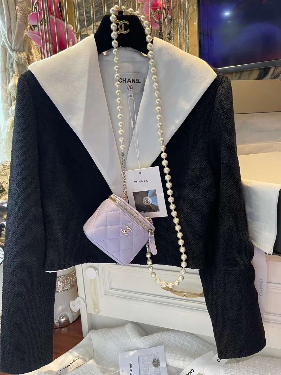 【P1020】一件代发 Chanel香奈儿浅紫色菱格珍珠链条化妆小盒子包