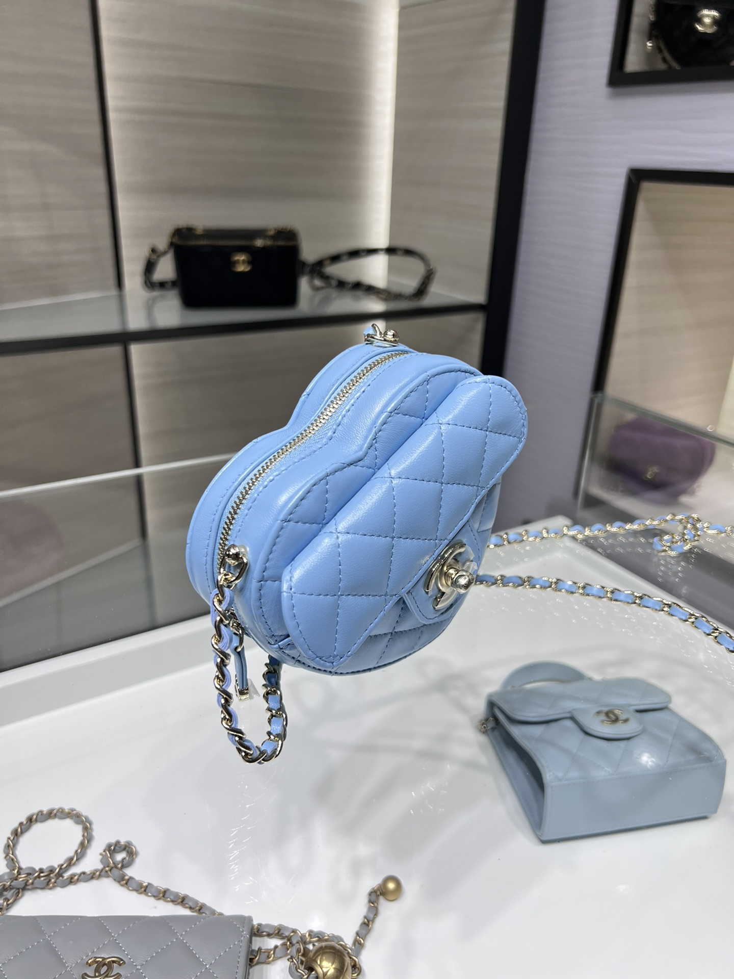 【P1200】香奈儿包包货源 Chanel蓝色羊皮菱格春夏新款爱心包链条包