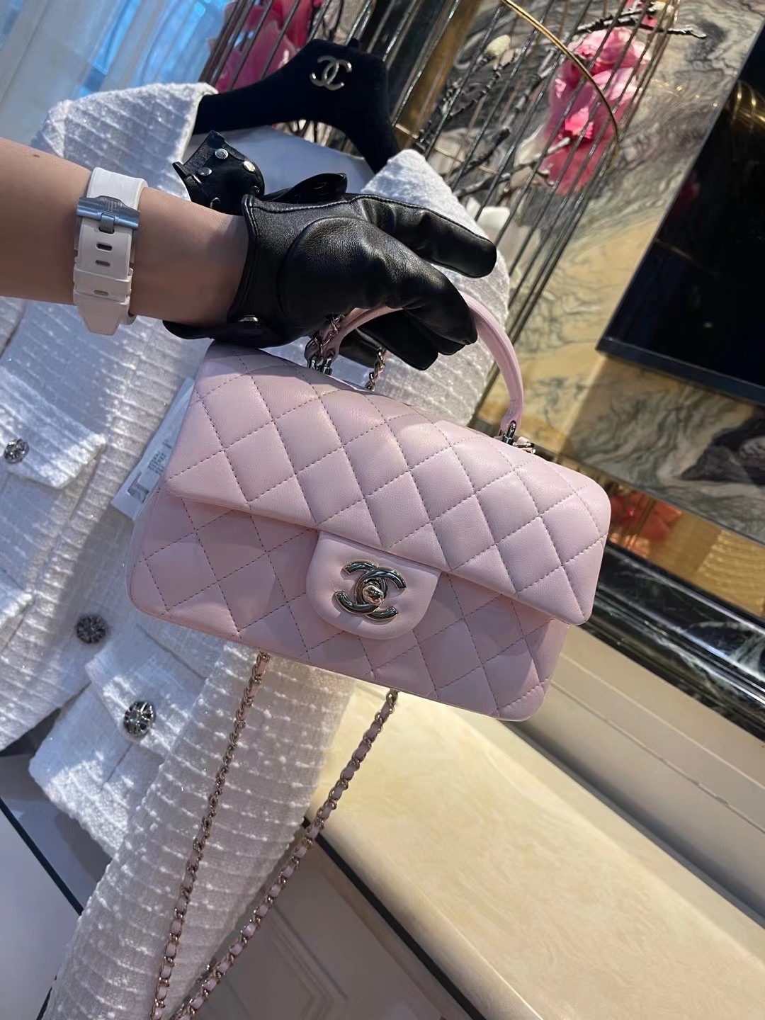 【P1880】香奈儿爆款女包 Chanel进口羊皮手提款CF菱格包 新色浅粉色