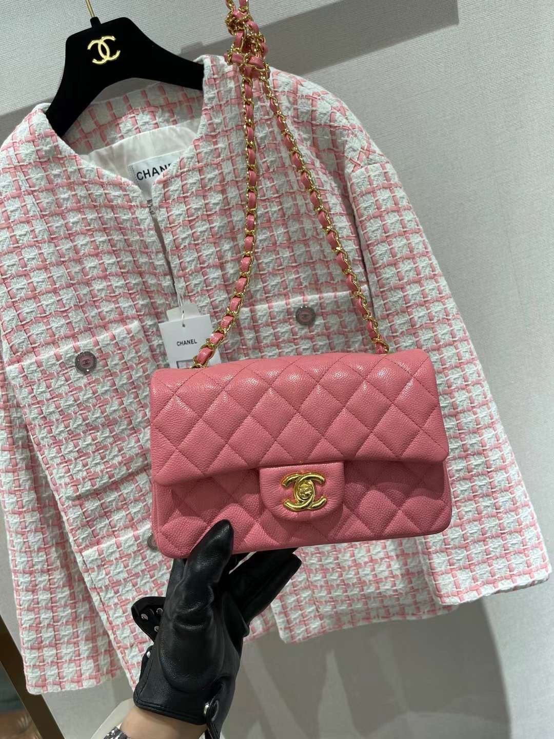 【P1880】一件代发 Chanel香奈儿粉色鱼子酱皮菱格CF20CM链条包
