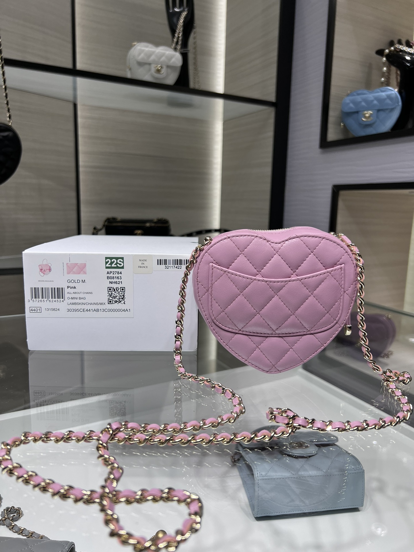 【P1200】Chanel新款包包 香奈儿2022春夏款羊皮链条斜挎爱心包 粉色