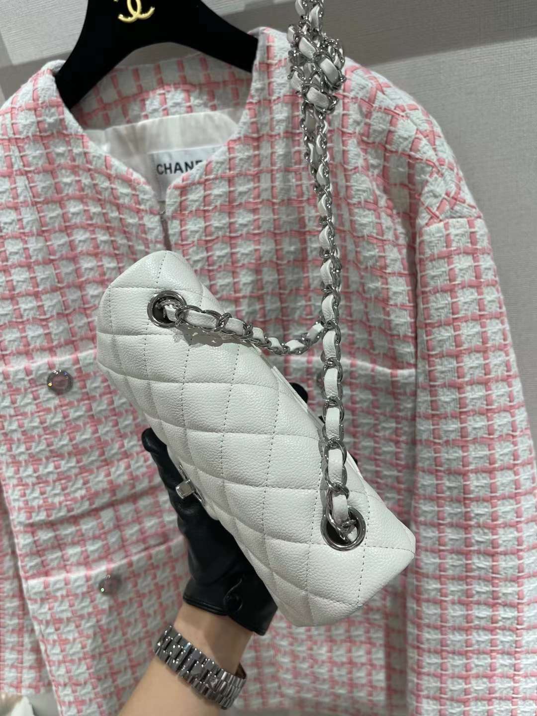 【P1880】Chanel包包货源 香奈儿新色白色鱼子酱皮限量cf20CM菱格包