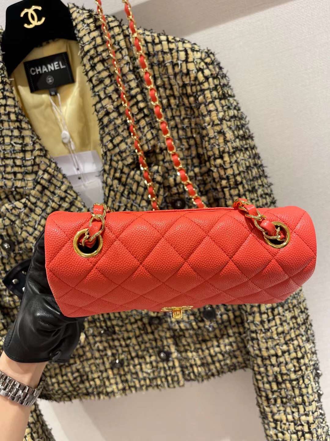 【P1880】香奈儿包包批发 Chanel CF20CM新色橙色鱼子酱皮链条斜挎包