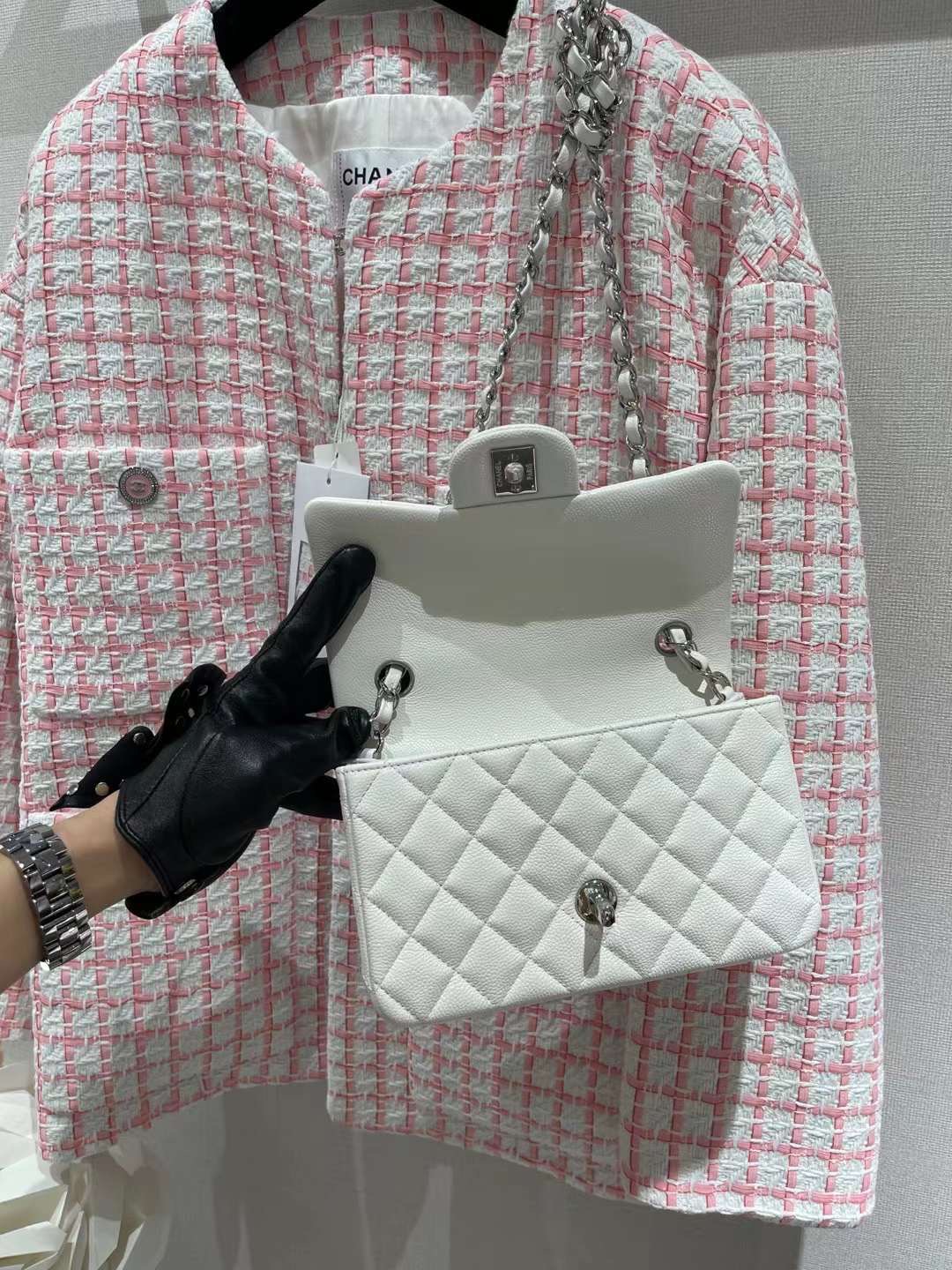 【P1880】Chanel包包货源 香奈儿新色白色鱼子酱皮限量cf20CM菱格包