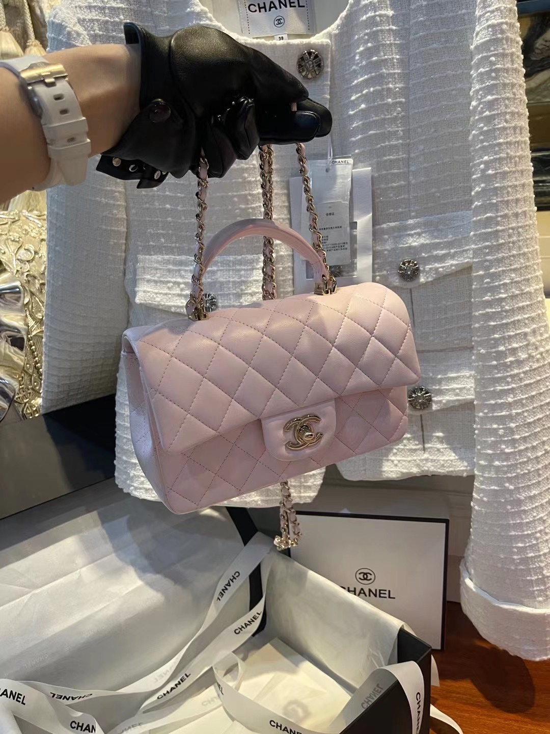 【P1880】香奈儿爆款女包 Chanel进口羊皮手提款CF菱格包 新色浅粉色