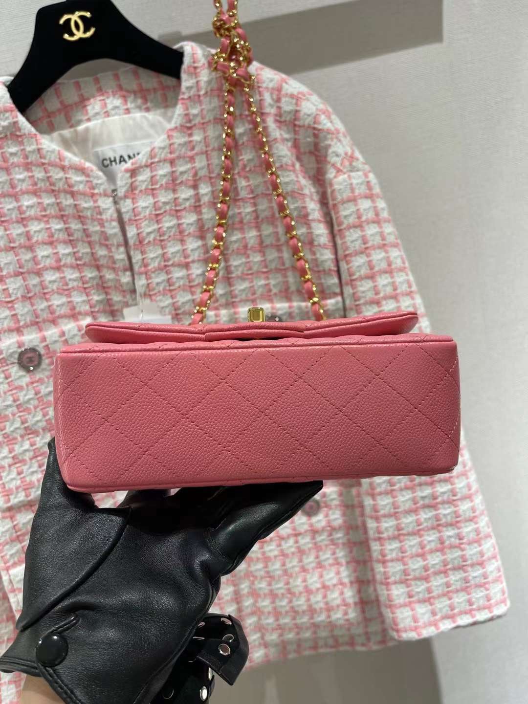【P1880】一件代发 Chanel香奈儿粉色鱼子酱皮菱格CF20CM链条包