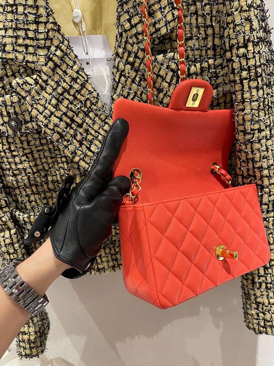 【P1880】香奈儿包包批发 Chanel CF20CM新色橙色鱼子酱皮链条斜挎包