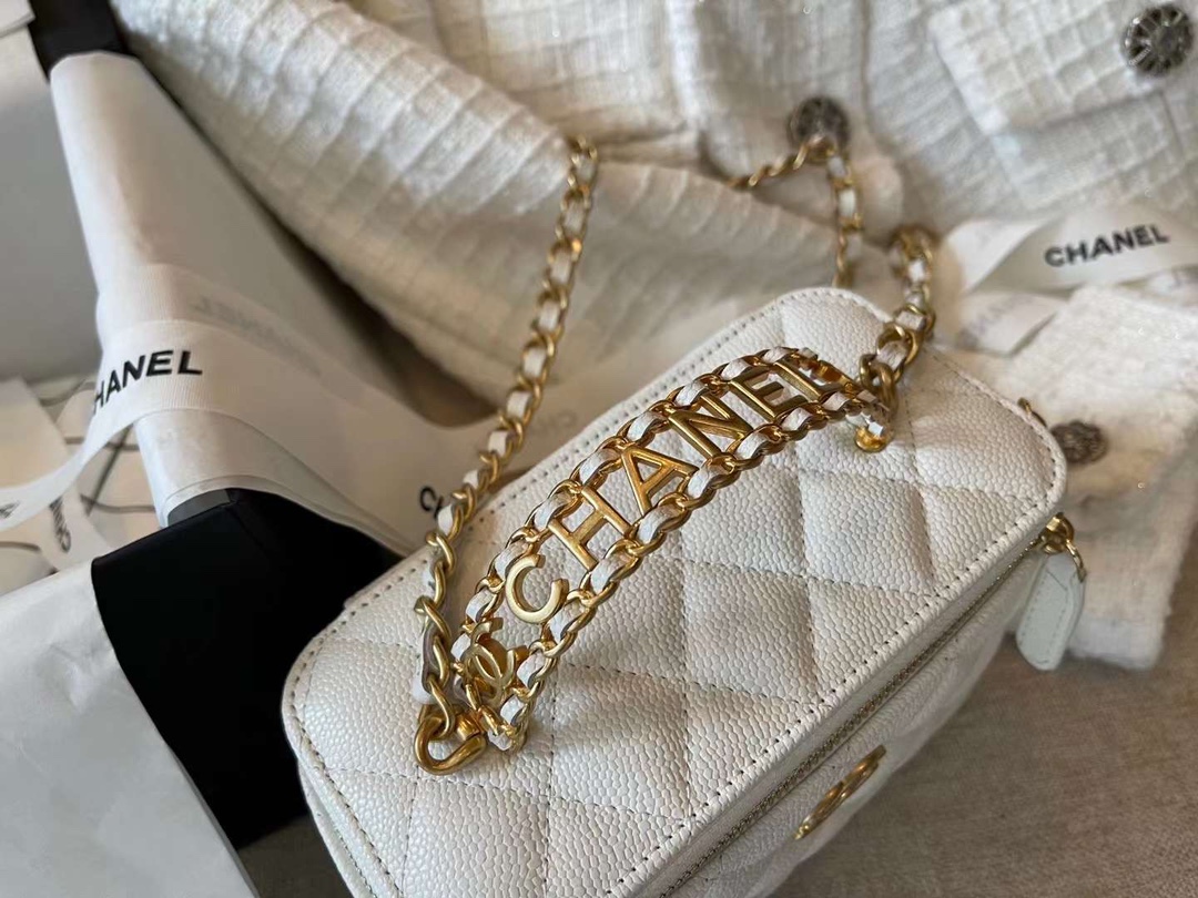 【P1280】Chanel包包价格 香奈儿白色球纹牛皮五金字母手柄盒子化妆包