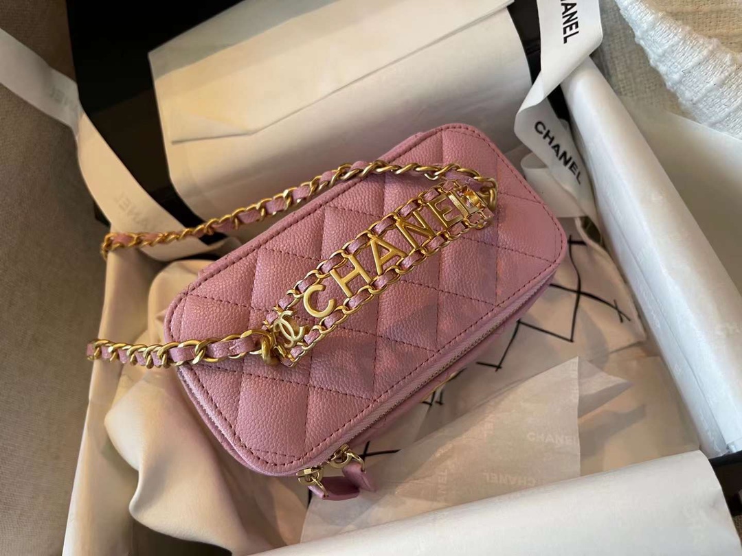 【P1280】Chanel包包价格 香奈儿粉色球纹牛皮金属字母手柄化妆盒子包
