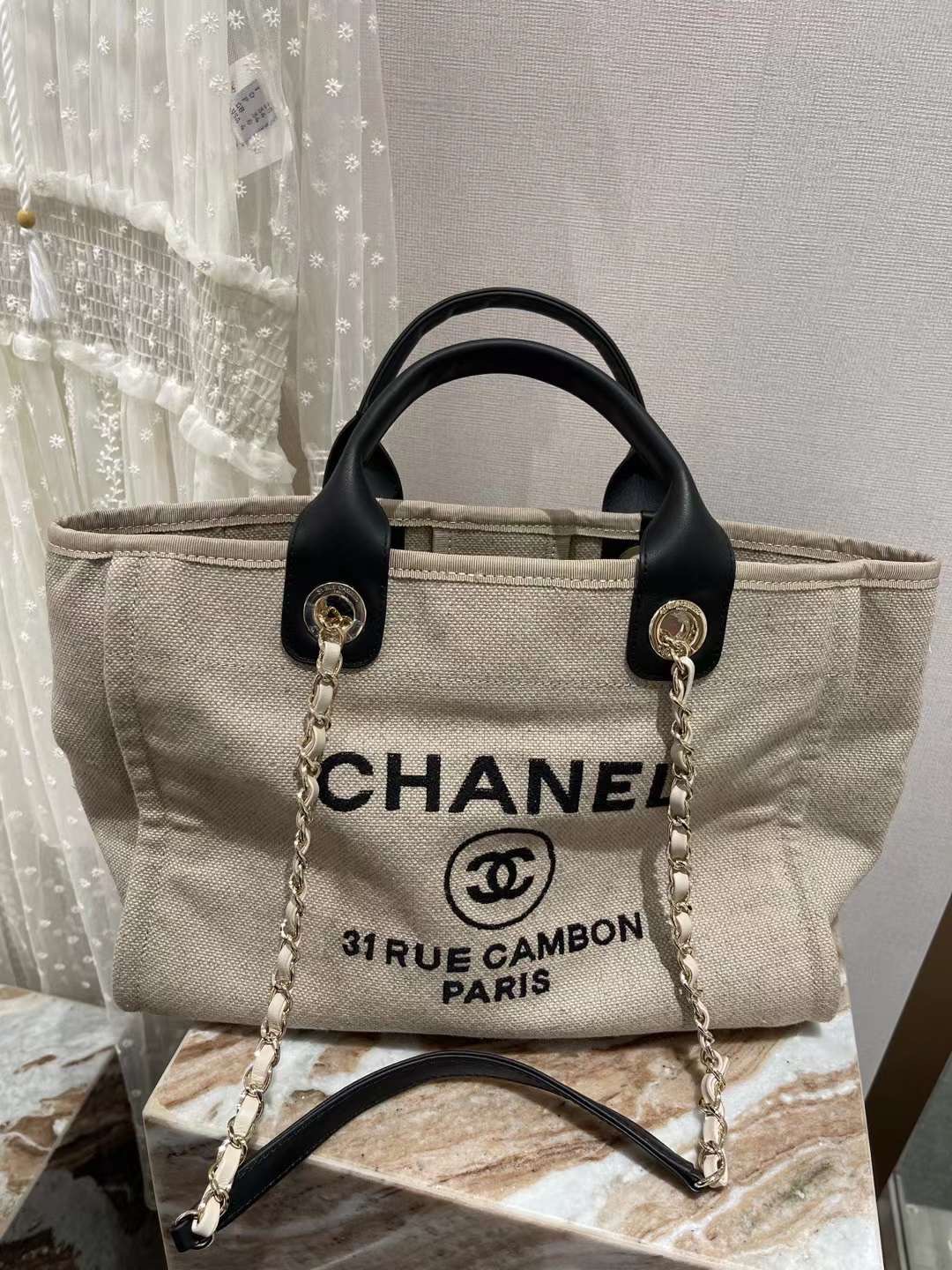 【P1280】一件代发 Chanel香奈儿22年新款黑色手提配麻布沙滩包单肩包