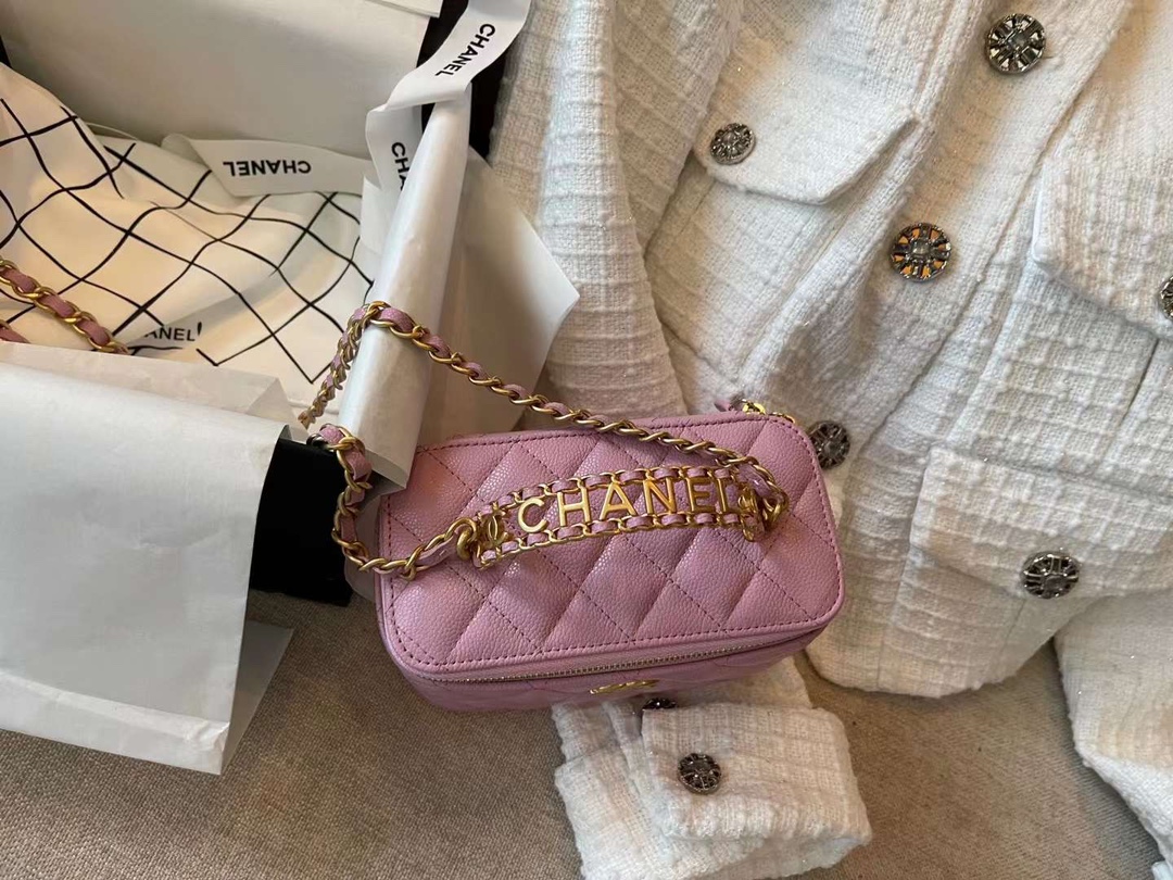 【P1280】Chanel包包价格 香奈儿粉色球纹牛皮金属字母手柄化妆盒子包