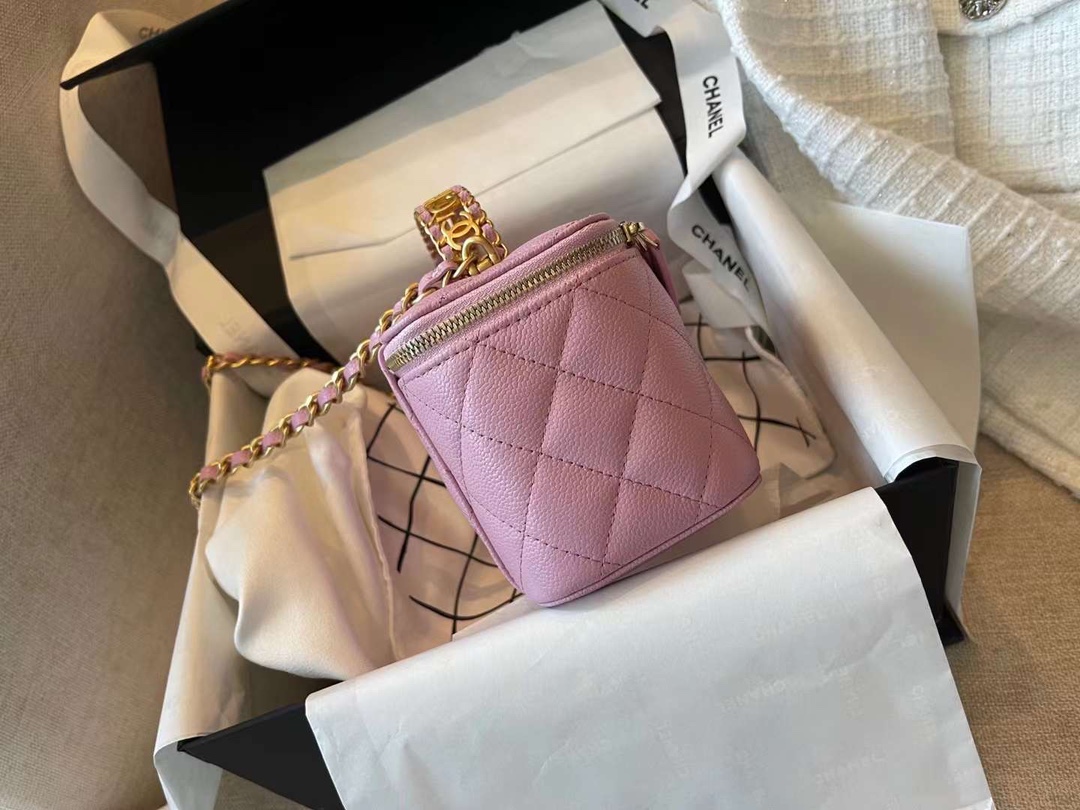 【P1280】Chanel包包价格 香奈儿粉色球纹牛皮金属字母手柄化妆盒子包