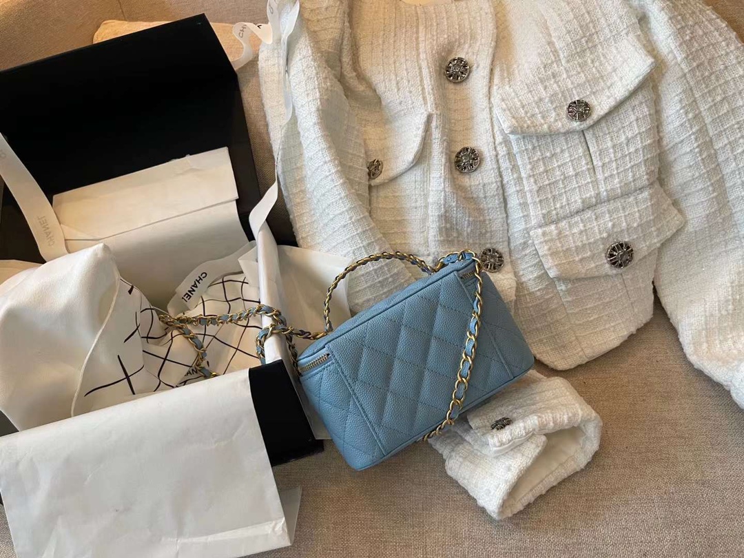 【P1280】香奈儿2022年新款包包 Chanel字母五金手柄盒子包化妆包 蓝色