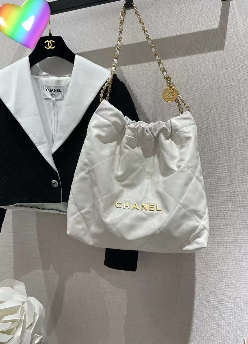 【￥2220/2700】Chanel22年新款包包 香奈儿光面皮菱格抽绳单肩包 白色