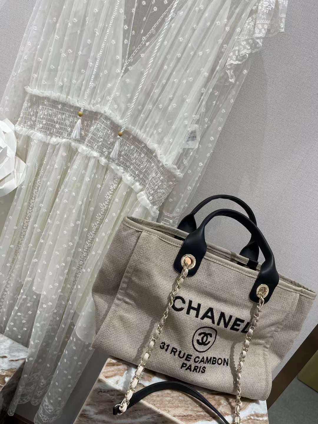 【P1280】一件代发 Chanel香奈儿22年新款黑色手提配麻布沙滩包单肩包