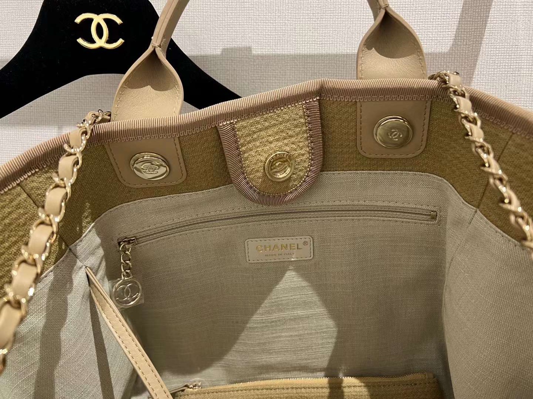 【P1280】香奈儿包包批发 Chanel新款麻布配小羊皮手提包购物袋 姜黄色