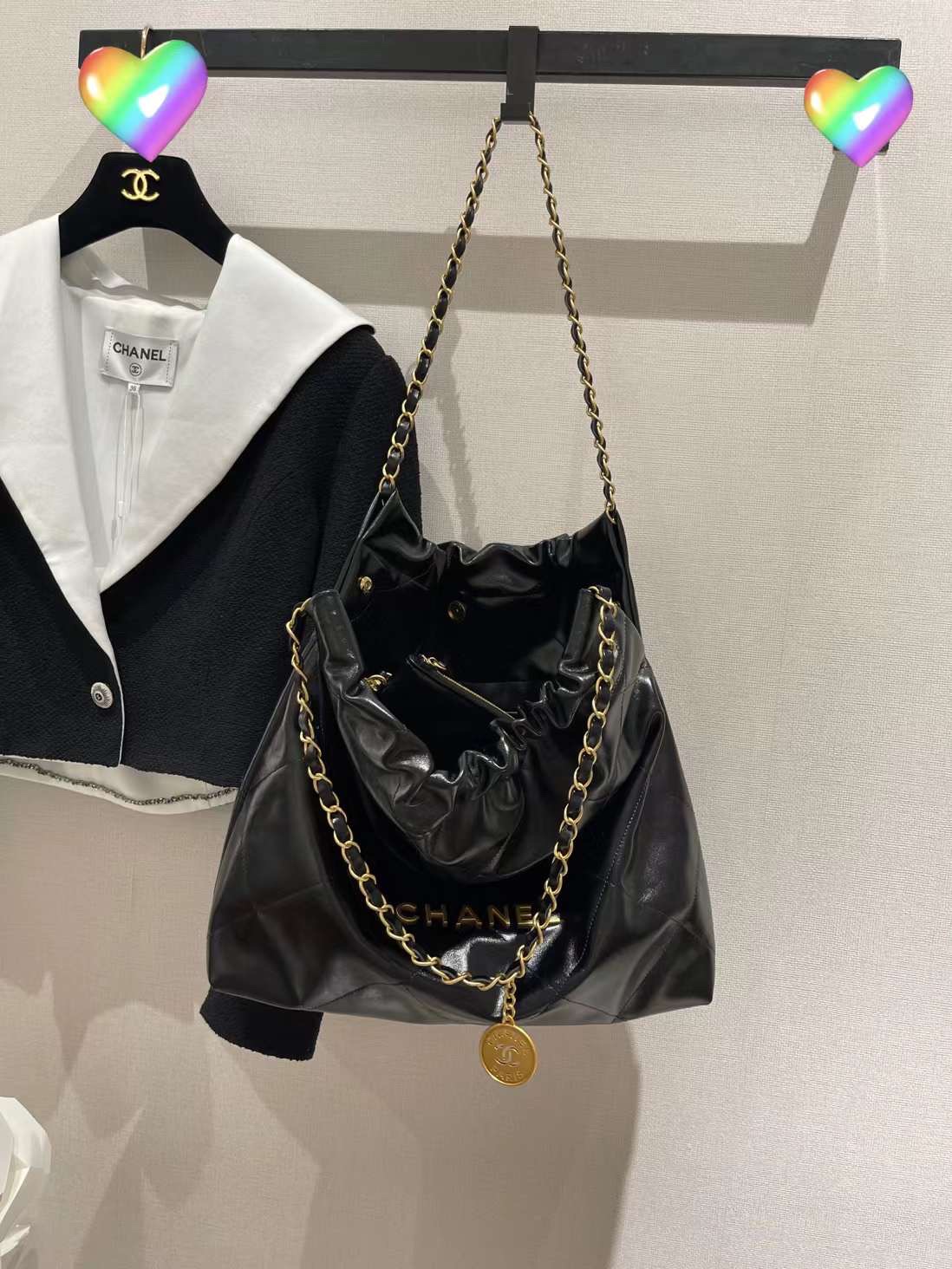 【￥2220/2700】香奈儿新款包包 Chanel黑色金字母抽绳链条单肩包购物袋