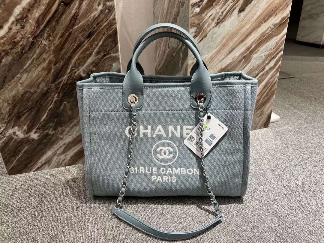 【P1200】广州包包批发 Chanel香奈儿22年春夏新款沙滩包手提单肩购物包 亚麻蓝