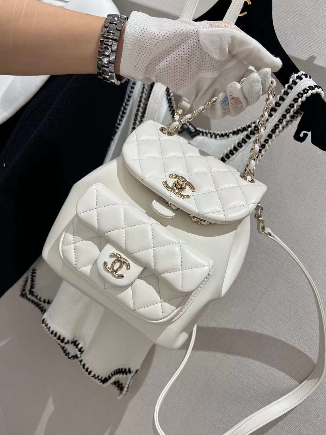 【P1880】Chanel女包价格 香奈儿22年新款菱格羊皮链条背包双肩包 白色